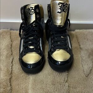 John Galliano Black and Gold Metallic High-Top Sneakers